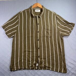 Barkers Shirt Mens XL Green Striped Linen Cotton Short Sleeve Button Up Casual